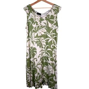 Puanani Hawaiian Style Maxi Dress Green White Tropical Leaf Print XL Made in USA